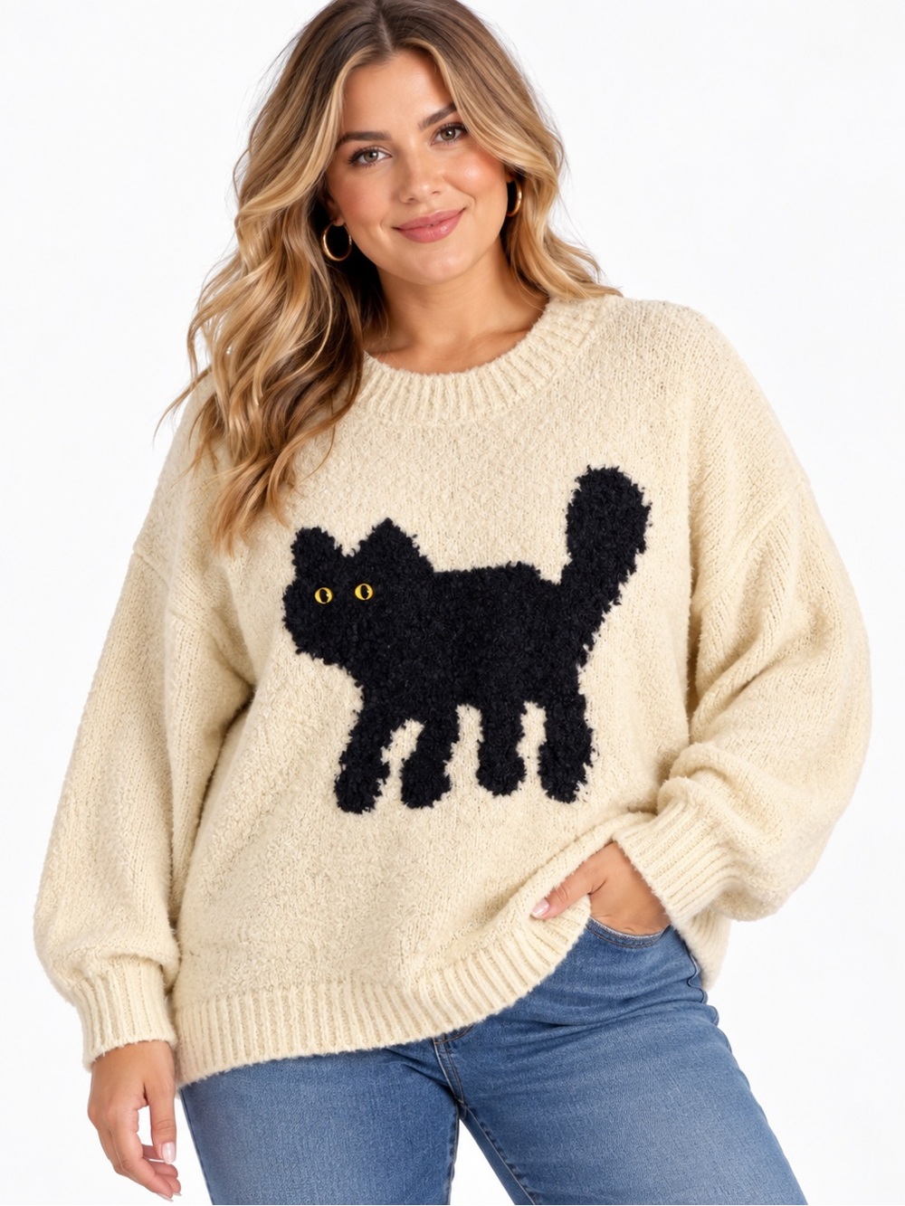 Cozy Cream Cat Sweater with Black Cat Motif